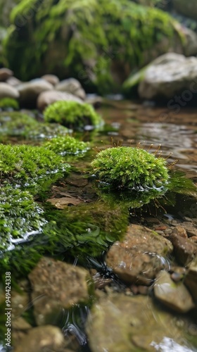 Moss-covered stones in a serene creek clear water trickling