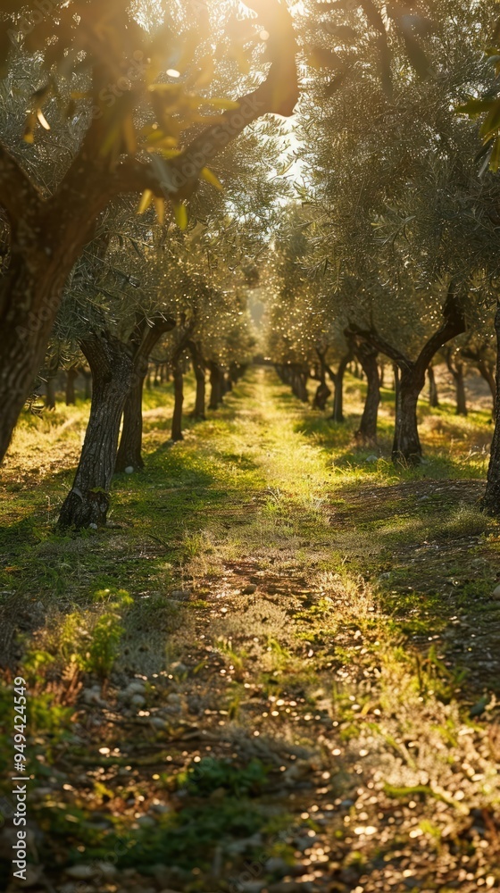 Olive grove at sunset long shadows and warm light