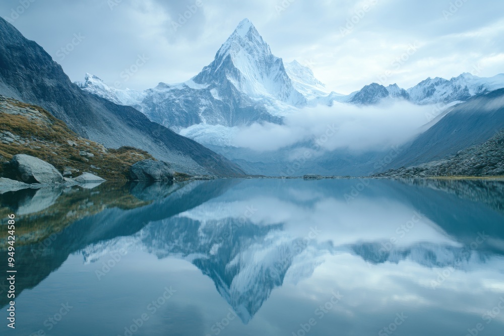 A towering snow-capped mountain peak reflecting in a lake, with copy space A towering snow-capped mountain peak reflecting in a lake, with copy space