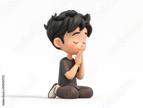 3D cartoon character kneeling in prayer with hands clasped, in a peaceful and serene setting photo