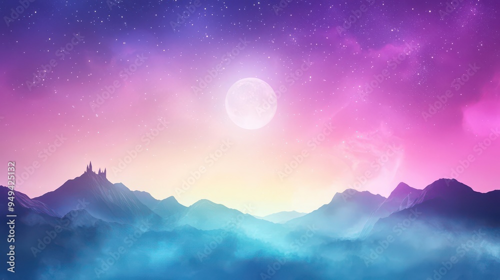 A foggy mountain pass with a dark castle silhouetted against the moonlit sky, creating a chilling Halloween scene, with space for text A foggy mountain pass with a dark castle silhouetted against the moonlit sky, creating a chilling Halloween scene, with space for text
