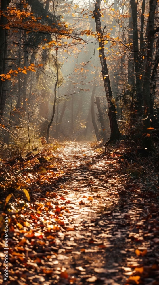 Fototapeta premium Sunlit forest path covered in fallen leaves inviting and mysterious