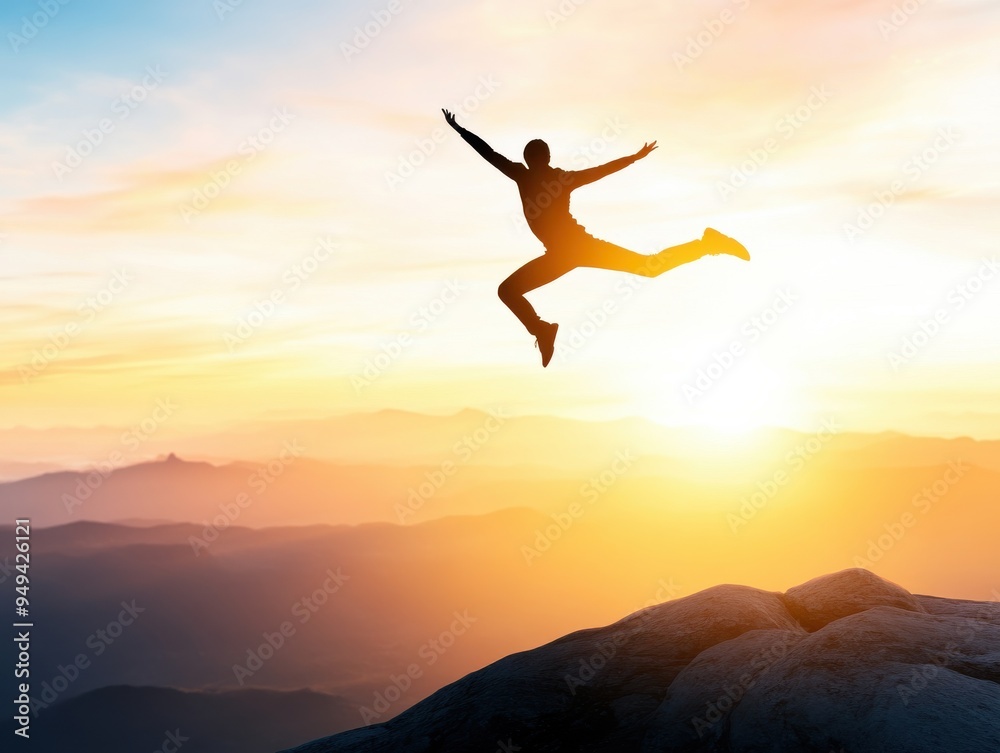 A person leaps joyfully at sunrise, embodying freedom and adventure against a breathtaking mountain backdrop. A person leaps joyfully at sunrise, embodying freedom and adventure against a breathtaking mountain backdrop.