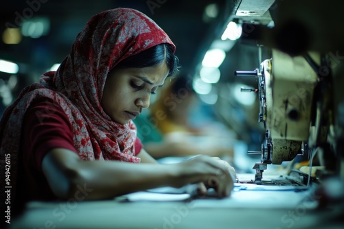 A worker in a sweatshop focused on a sewing machine, with copy space photo