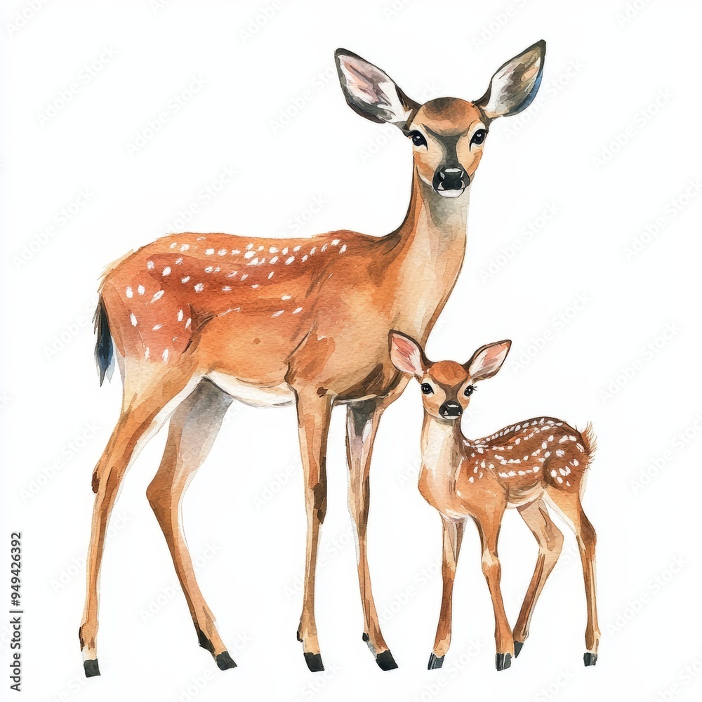 watercolor painting of a deer with its fawn, on isolated white background watercolor painting of a deer with its fawn, on isolated white background