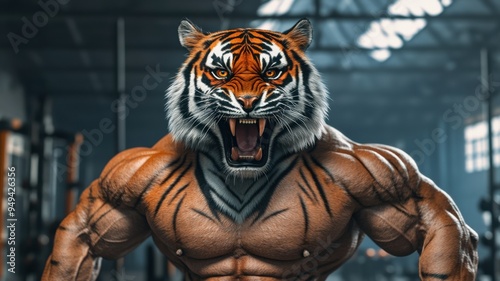 A powerful, muscular figure with a tiger head, symbolizing strength and ferocity in a vibrant, dynamic setting.