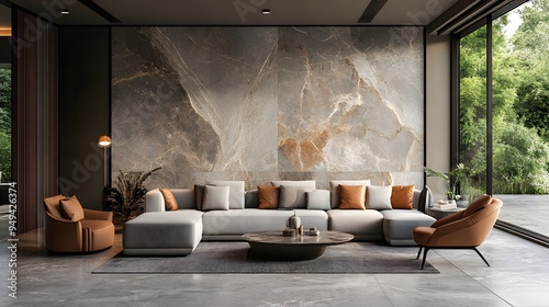 A sleek living room interior showcasing a marbled wall design, adding a luxurious touch to the modern space. photo