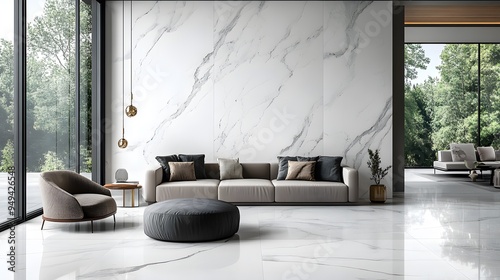 A sleek living room interior showcasing a marbled wall design, adding a luxurious touch to the modern space. photo