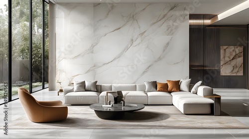 A sleek living room interior showcasing a marbled wall design, adding a luxurious touch to the modern space. photo