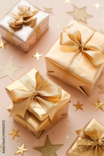 Golden bow-tied gifts on a light pink background, with stars giving a soft and whimsical Christmas ambiance.