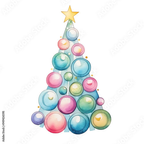 Colorful Christmas tree illustration with lights and a star on top, perfect for holiday designs and festive decorations.