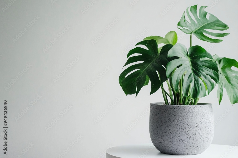 Monstera deliciosa or Swiss Cheese Plant in a gray flower pot on a white table, home gardening and connecting with nature. Generative Ai Monstera deliciosa or Swiss Cheese Plant in a gray flower pot on a white table, home gardening and connecting with nature. Generative Ai