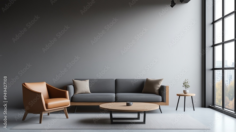 Fototapeta premium Modern living room interior with stylish furniture, natural light, and minimalistic design. Cozy and elegant atmosphere for relaxation.