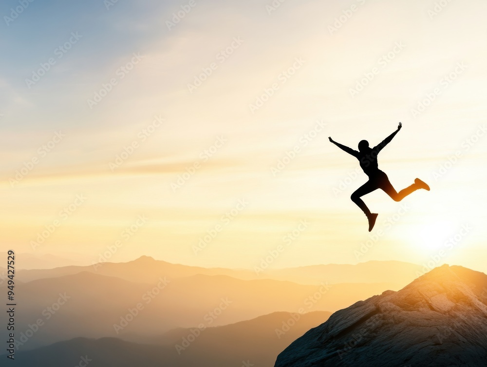 A silhouette of a person jumping on a mountaintop, celebrating freedom and adventure during a breathtaking sunset.