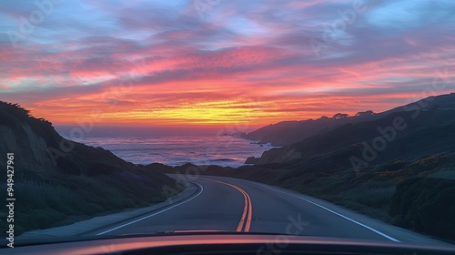 37. A scenic view from the driver's seat of a winding coastal road at sunset, with the ocean on one side and rolling hills on the other. The sky is a palette of pinks and oranges. photo