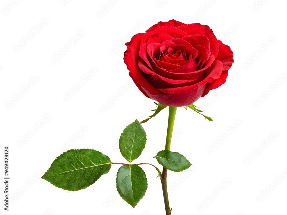 Dark red rose with green leaves isolated on transparent background
Dark red rose with green leaves isolated on transparent background