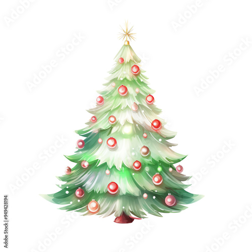 Beautifully decorated Christmas tree with colorful ornaments and a golden star, perfect for festive holiday celebrations and seasonal decorations.