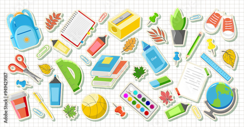 Collection Modern Stickers Supplies for kids on Squared noteb. Set trendy school elements. Cartoon education stickers. Back to School Icons, Book, Pencil, Backpack, Globe, Ruler, Scissors, Sneakers. 