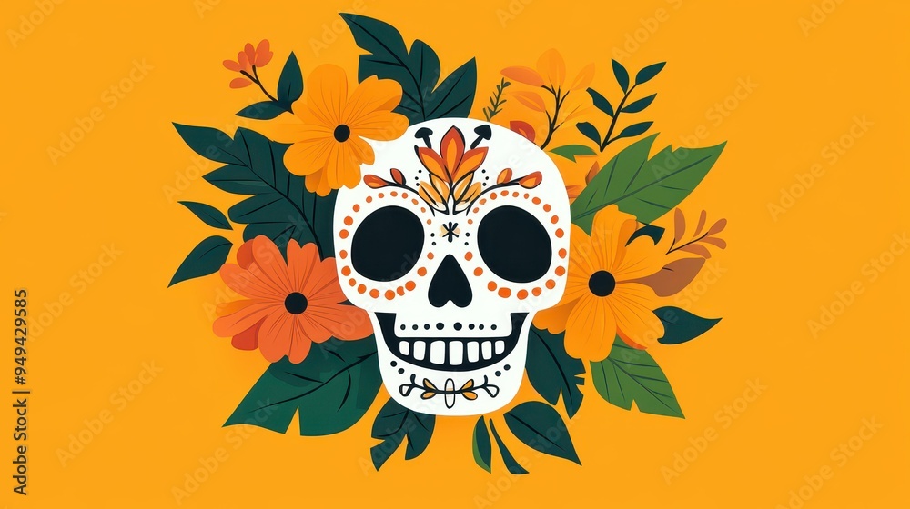 Fototapeta premium Vibrant floral calavera, showcasing modern animation with a unique cartoon flair and textured details for a lively appeal.