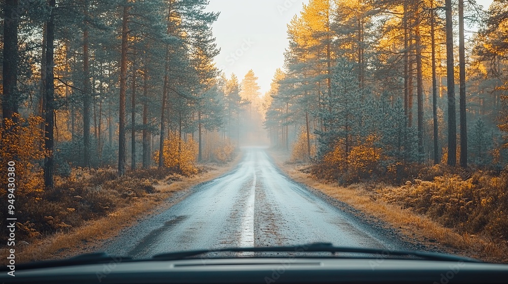 4. Looking from the back seat through the windshield, a serene forest road lined with tall pine trees is visible. Morning mist lingers between the trees, creating a mystical atmosphere illuminated by 4. Looking from the back seat through the windshield, a serene forest road lined with tall pine trees is visible. Morning mist lingers between the trees, creating a mystical atmosphere illuminated by