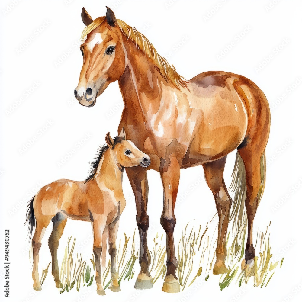 Fototapeta premium watercolor painting of a horse with its foal, on isolated white background