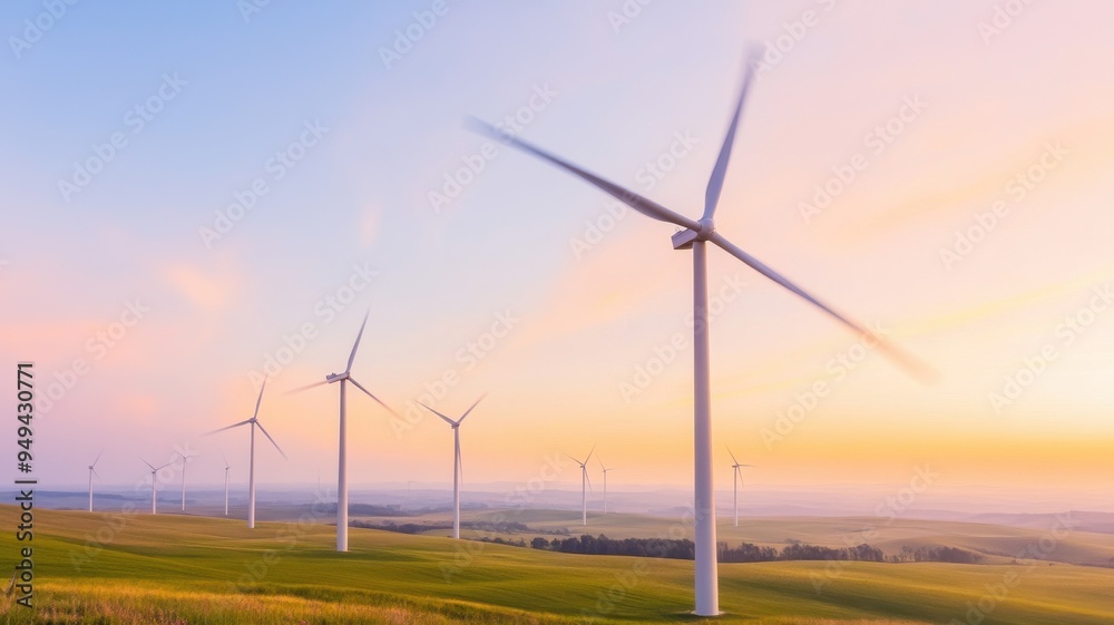 Obraz premium Beautiful sunset over wind turbines in a lush green field, showcasing renewable energy and sustainable technology.