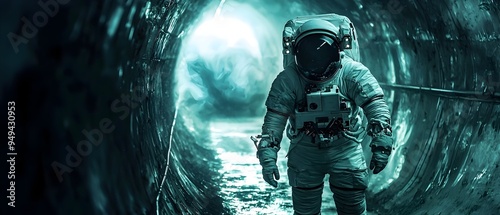 Haunting Presence in a Desolate Space Station   Surreal Sci Fi Astronaut Concept with Ghostly Figures and Eerie Atmosphere photo