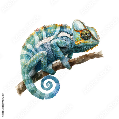 The chameleon lizard. A reptile with a curved tail and camouflage skin, tropical fauna. Exotic animal close-up on a white background