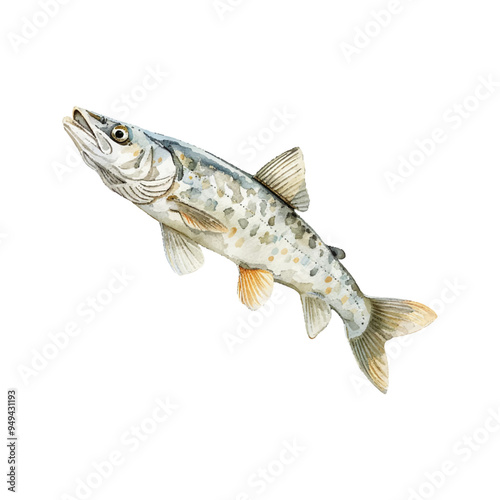 Realistic illustration of a northern pike on a white background. Carnivorous fish from salty and freshwater reservoirs, highlighted on a white background. Aquatic animals and seafood.