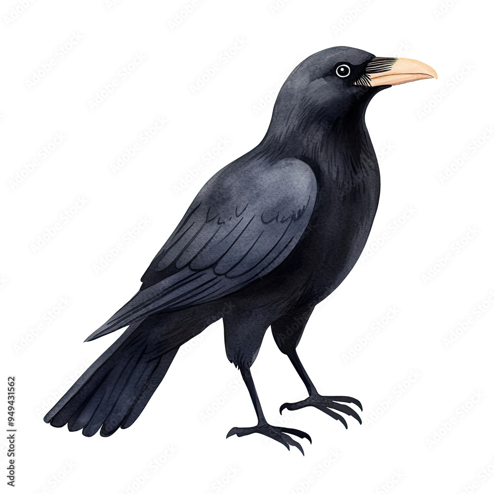 Illustration of a black crow with detailed feathers and a vivid eye, set against a white background. Perfect for nature and wildlife themes. Illustration of a black crow with detailed feathers and a vivid eye, set against a white background. Perfect for nature and wildlife themes.