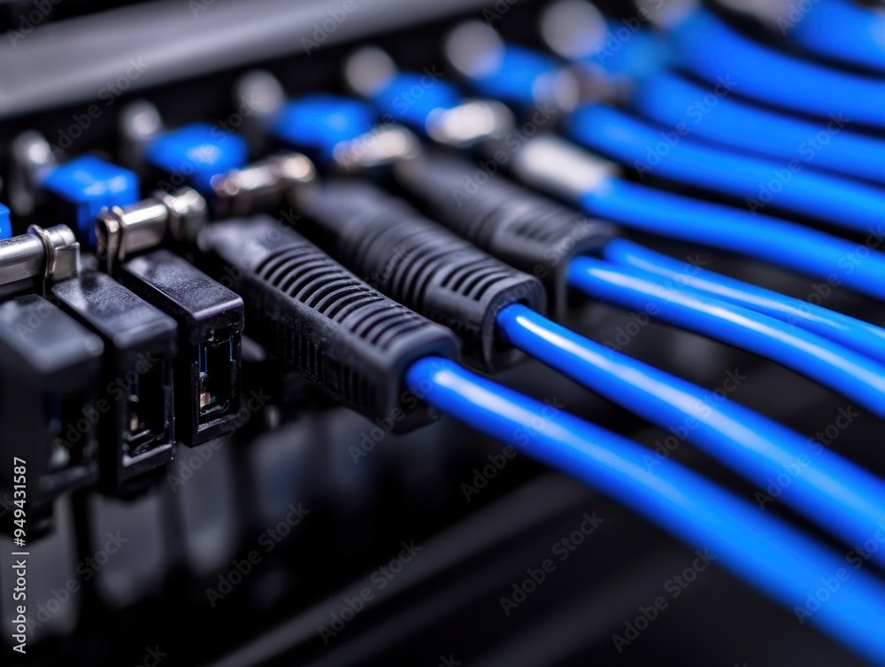 Close-up of blue network cables connected to a server, showcasing technology and data communication.