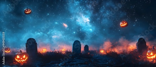 Ghostly Cosmic Graveyard with Floating Jack o  Lanterns   Surreal Fantasy Photography Concept for Halloween Paranormal or Supernatural Themes with Dramatic Atmosphere and Moody Ambiance photo