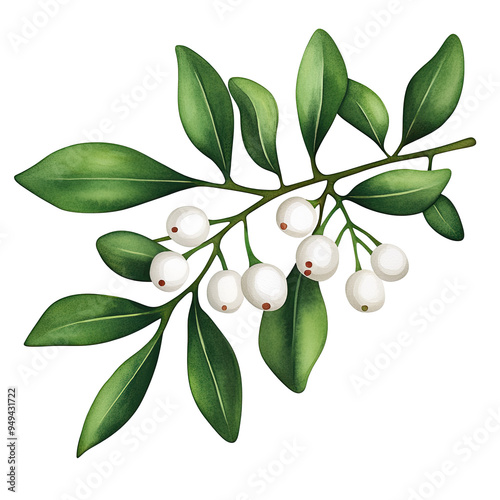 Wallpaper Mural Illustration of a branch with white berries and green leaves, isolated on a white background. Natural botanical art for various uses. Torontodigital.ca