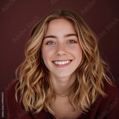 Close-up portrait of a young woman with long blonde hair, smiling against a maroon background.