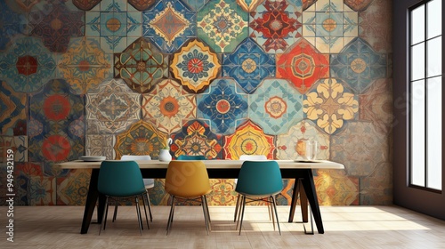 Moroccan tile patterned wallpaper with vibran photo