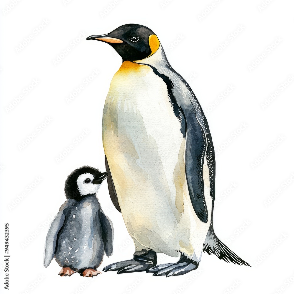 Fototapeta premium watercolor painting of a penguin with its chick, on isolated white background