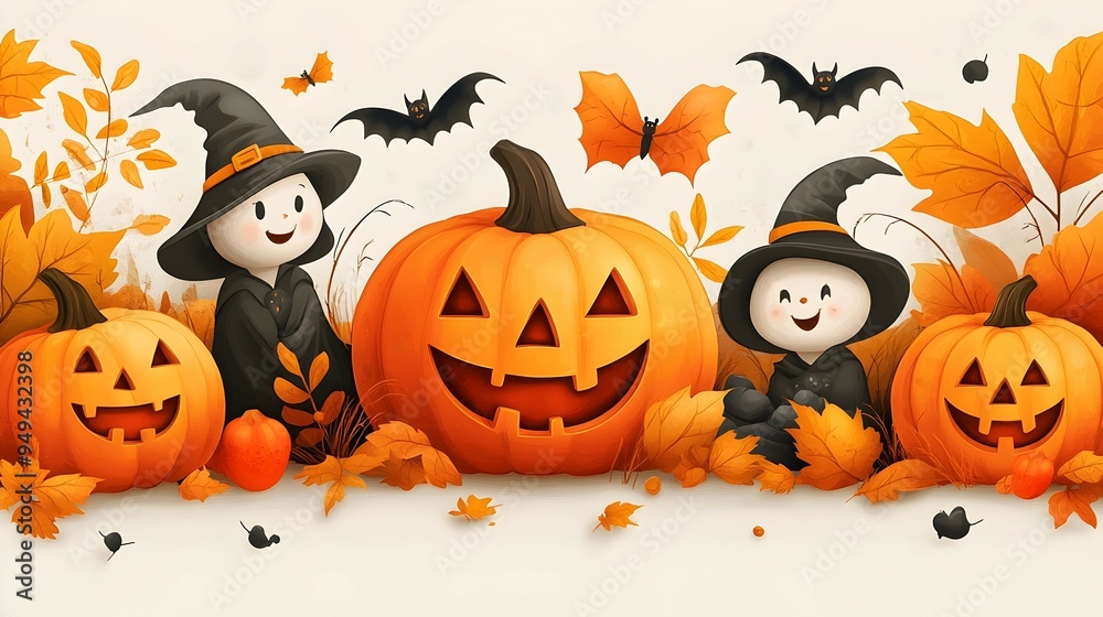 Halloween Joy with Jack-o'-Lanterns and Playful Witch Characters Halloween Joy with Jack-o'-Lanterns and Playful Witch Characters