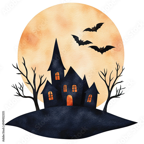 Illustration of a haunted house with bats flying under a full moon. Perfect for Halloween themes and spooky designs.