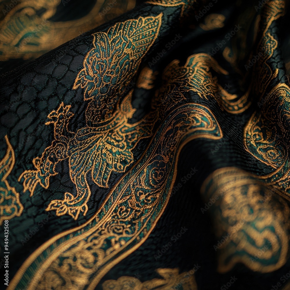 Obraz premium Close Up of Black Fabric with Gold and Green Intricate Pattern