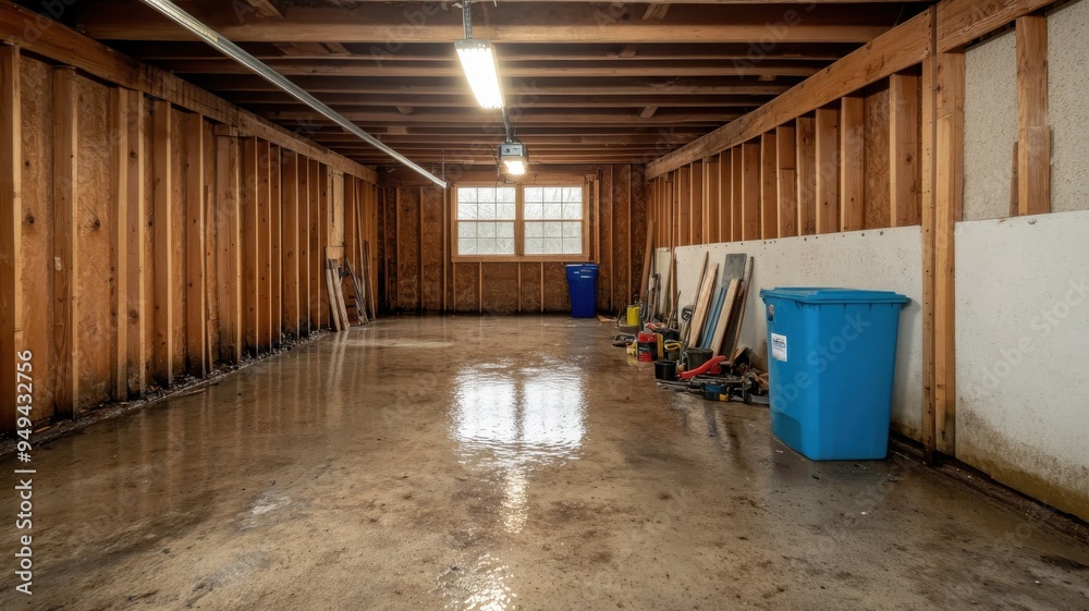 Obraz premium Empty garage interior with polished concrete floor and wooden beams, featuring natural light from a window.