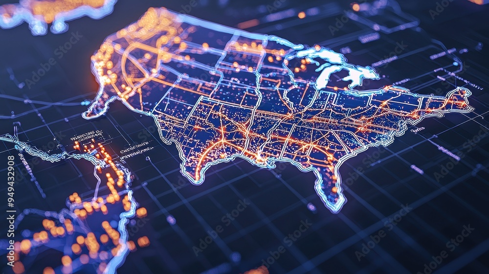 Fototapeta premium USA Map with Glowing Cities and Network Connections