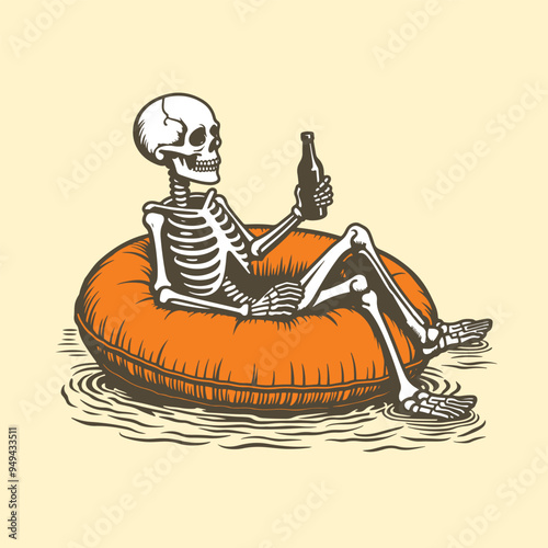 Skeleton Relaxing on Pool Float with Drink, Floating Pumpkin, Spooky Vector Illustration