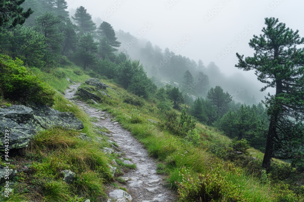 Fototapeta premium Hiking on a misty mountain trail landscape photograp, with copy space