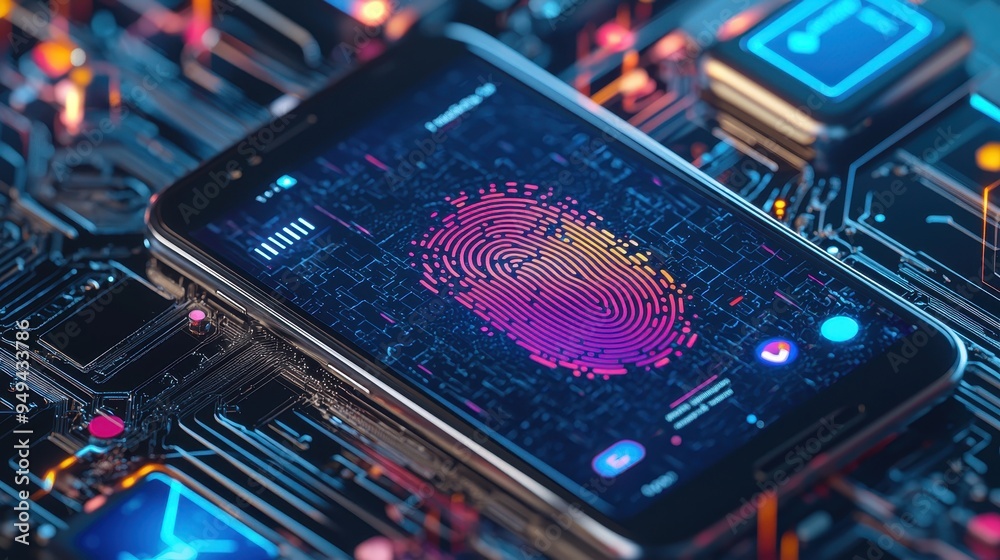 Fingerprint Scanning on Smartphone Screen with Circuit Board Background Fingerprint Scanning on Smartphone Screen with Circuit Board Background