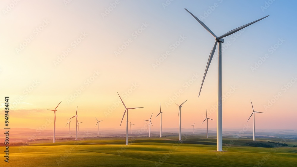 Obraz premium Scenic view of wind turbines on grassy hills under a colorful sky, representing renewable energy and sustainable development.