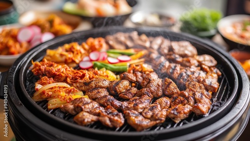 Sizzling barbecue feast on a grill, featuring marinated meat and vibrant vegetables, perfect for culinary enthusiasts and food lovers.