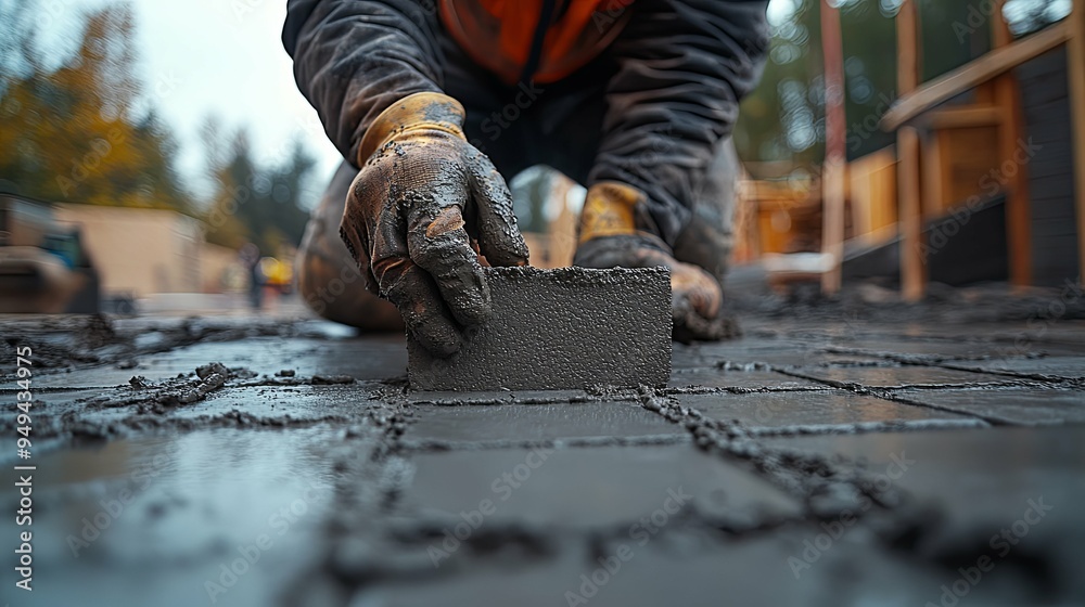A worker leveling concrete tiles on a construction A worker leveling concrete tiles on a construction