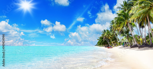 Sea beach paradise tropical island beautiful nature panorama landscape, turquoise ocean water, palm trees, white sand, sun blue sky cloud, summer holiday vacation travel, Caribbean, Maldives, Thailand