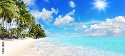 Fototapeta Naklejka Na Ścianę i Meble -  Sea beach paradise tropical island beautiful nature panorama landscape, turquoise ocean water, palm trees, white sand, sun blue sky cloud, summer holiday vacation travel, Caribbean, Maldives, Thailand