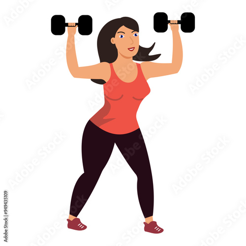 Woman doing exercises with dumbbells in flat style on transparent background